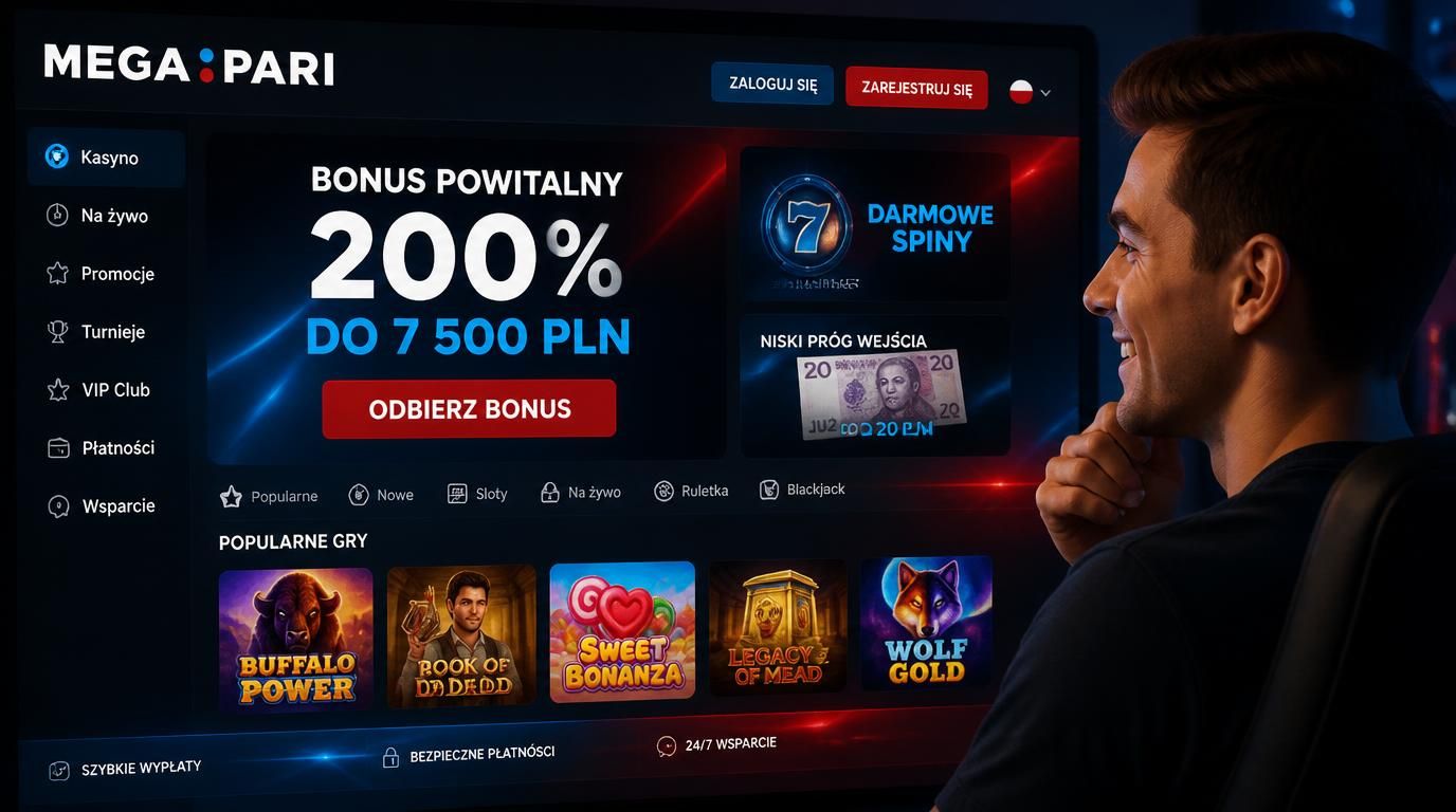 Ekran powitalnego bonusu 200 % do 7 500 PLN z opcją małego depozytu i darmowych spinów
