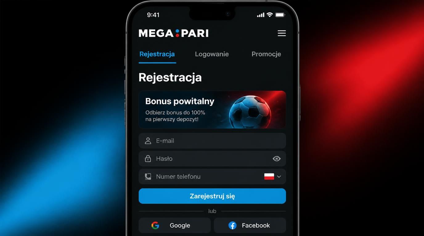 Mobilny ekran Megapari z formularzem rejestracji i przyciskiem bonusu