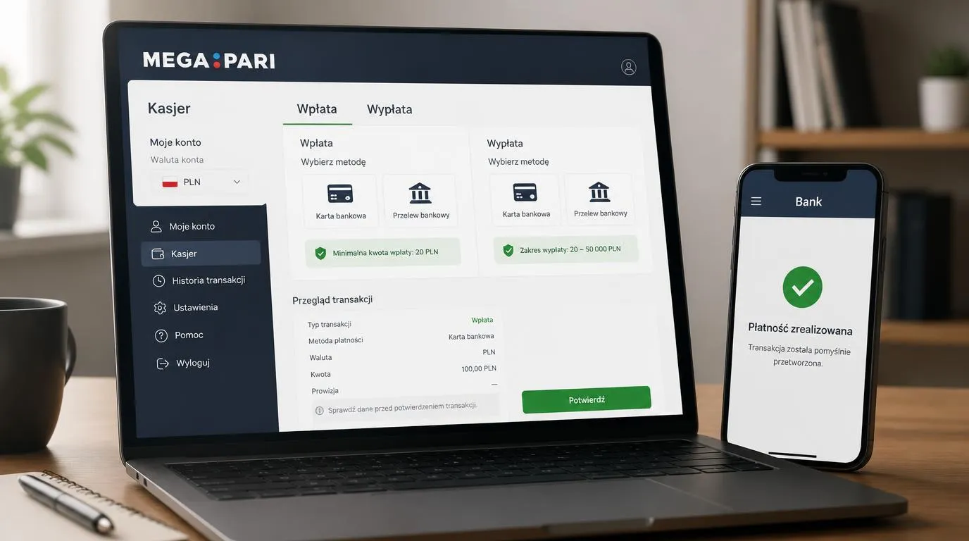 Panel płatności z saldem w PLN, wyborem karty i przelewu oraz zakresem wypłaty od 20 do 50 000 PLN