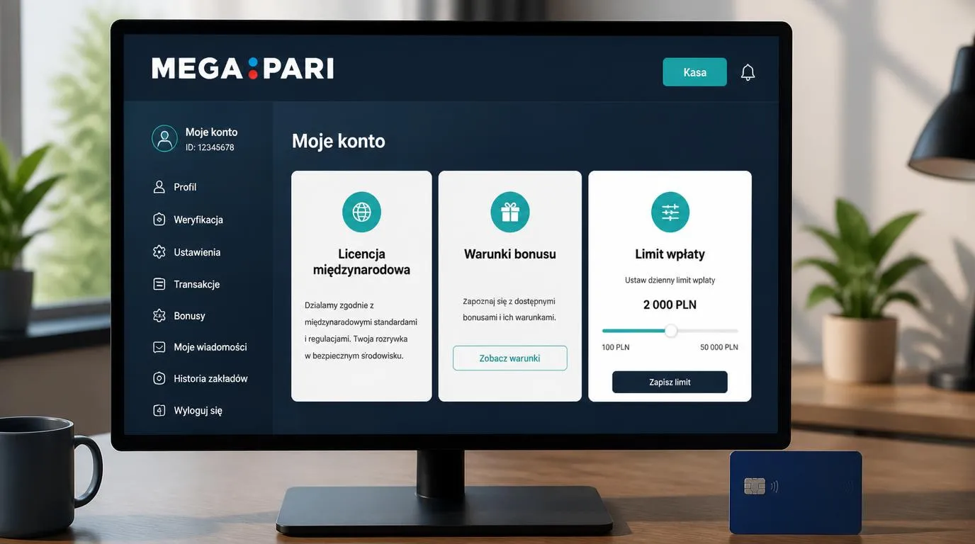 Panel kasyna z informacją o licencji międzynarodowej, warunkami bonusu i ustawieniem limitu wpłaty