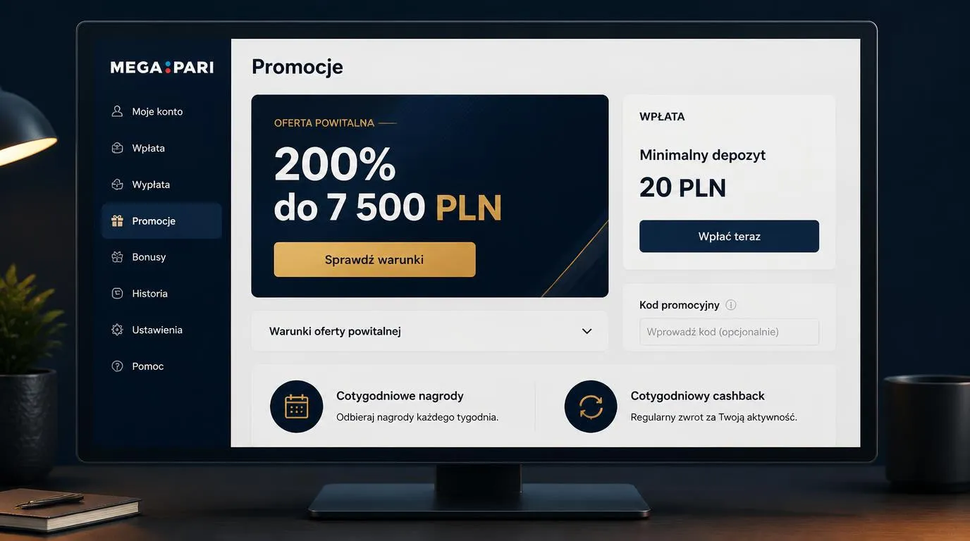 Panel bonusu powitalnego 200% do 7 500 PLN z minimum depozytu 20 PLN i przyciskiem sprawdzenia warunków