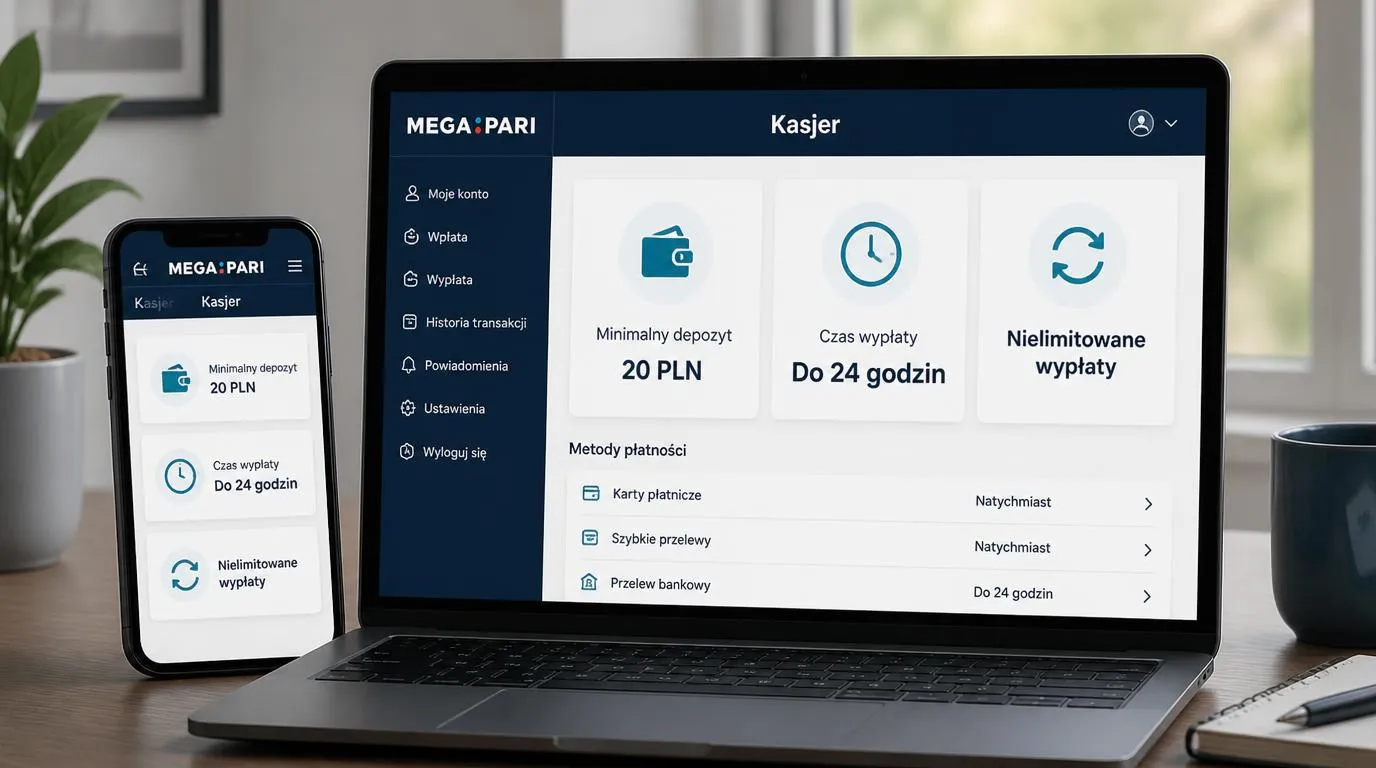 Panel płatności kasyna z depozytem 20 PLN, wypłatą do 24 godzin i symbolem nielimitowanych wypłat